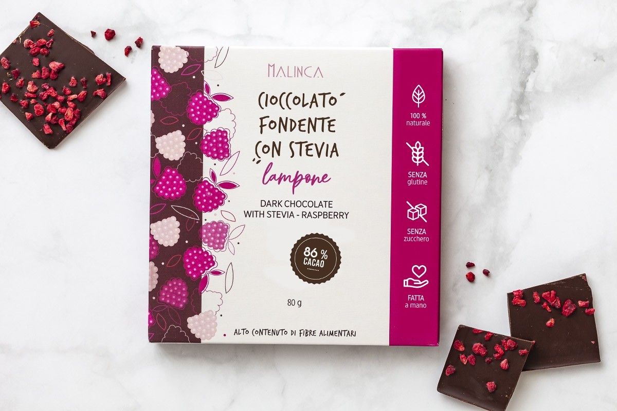 Cioccolato fondente con stevia - Al lampone 80 g